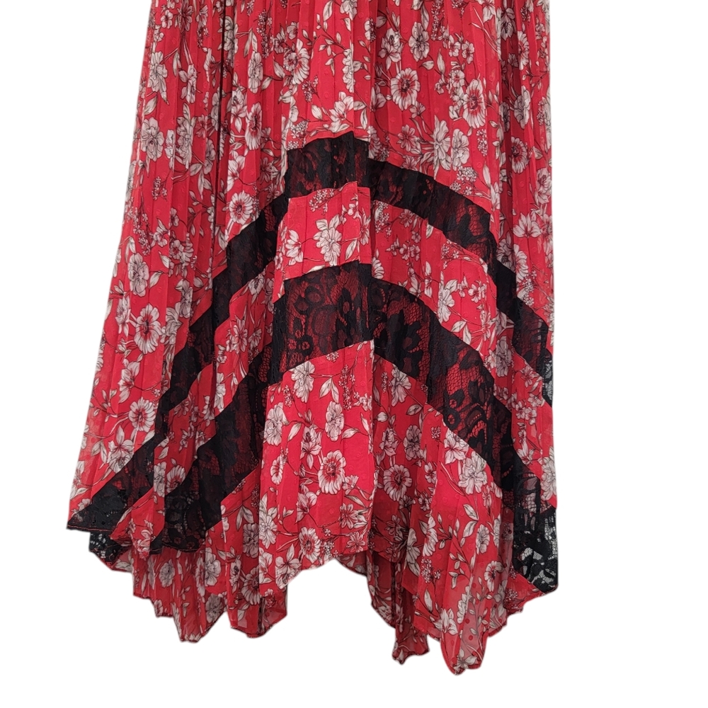 Nanette Lepore Pleated Floral Midi Dress Red Feminine Handkerchief Hem W… - Picture 6 of 16